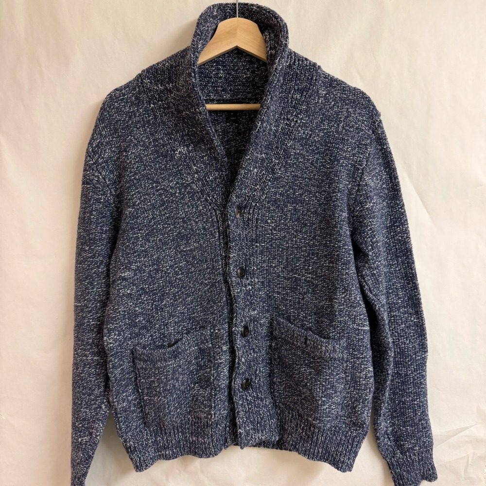 J Crew Mens Blue Speckled Shawl Collar Knit Cardigan Sweater M Old Money Preppy